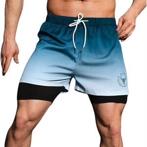 Men's Blue Gradient 2-in-1 Athletic Shorts w/ Phone Pocket